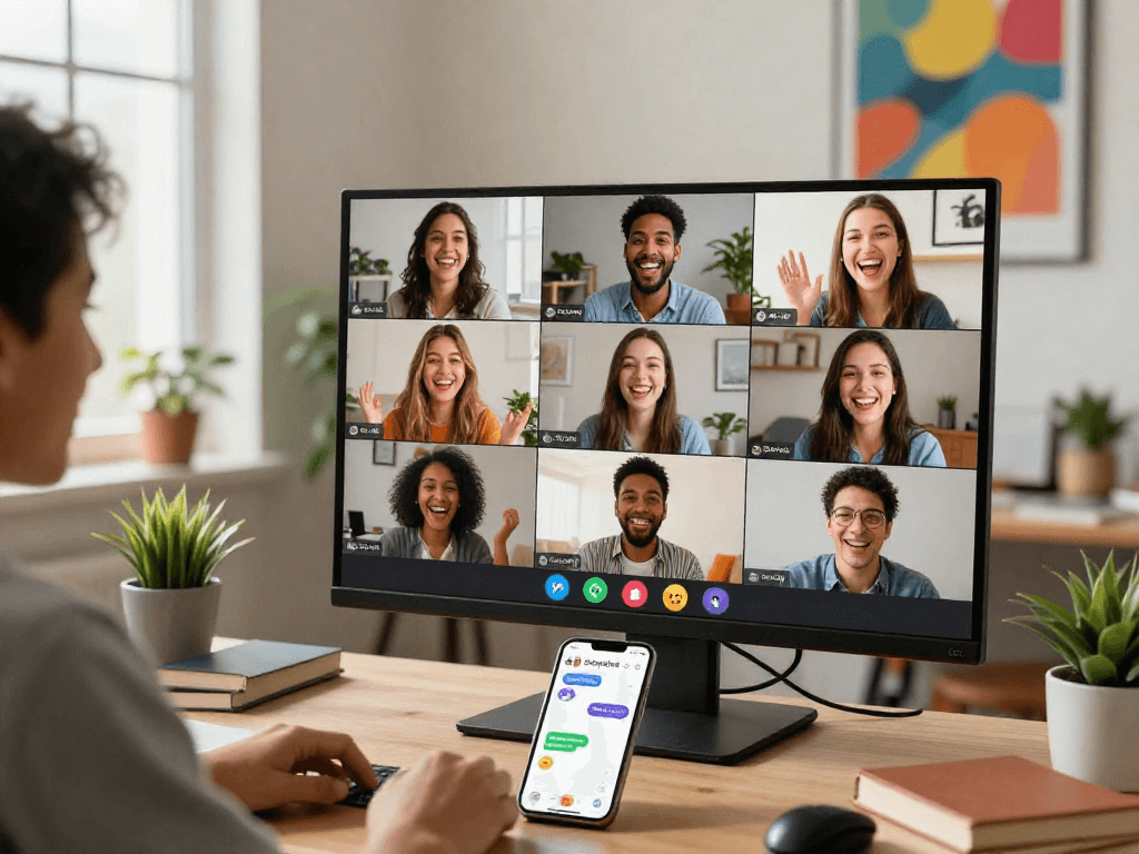 Engaging video call scene featuring spicychat with friends enjoying lively conversation in cozy home office settings.