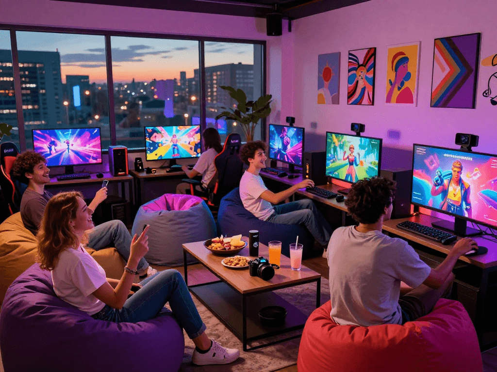 Group of friends enjoying a lively evening playing gay sex games in a neon-lit gaming lounge, snacks and drinks on the table.