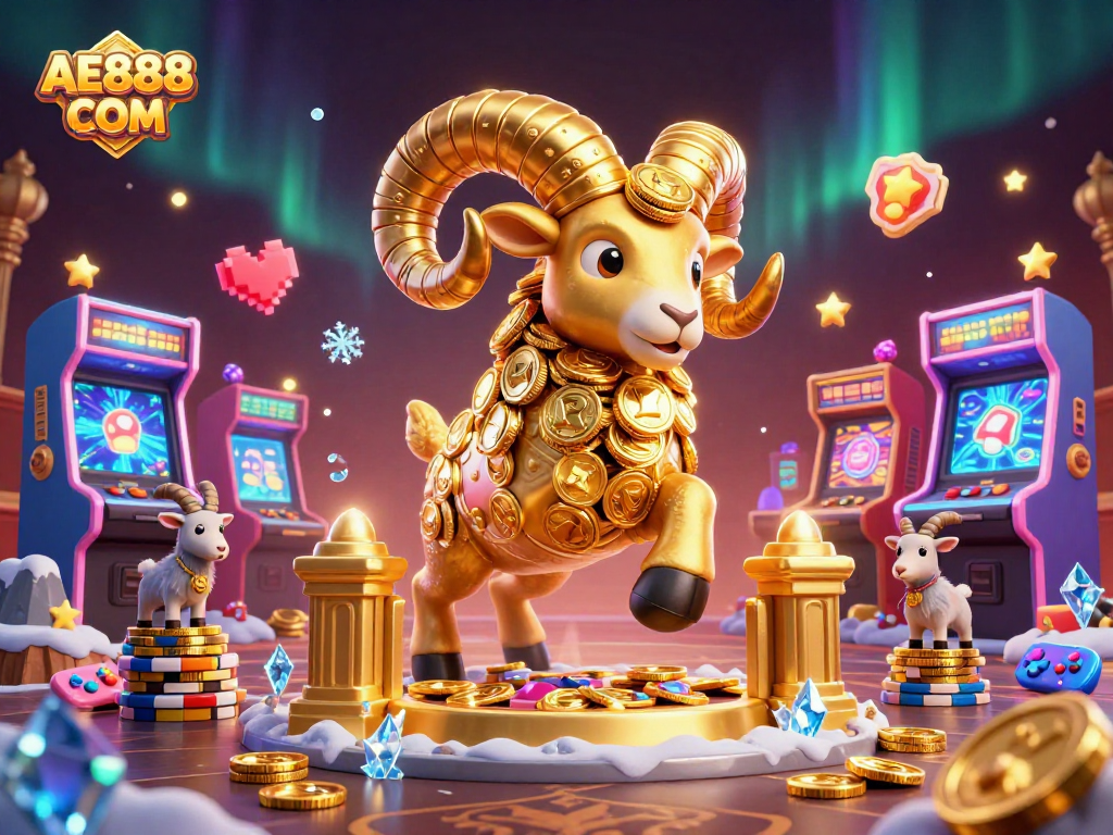 Engage with AE888 COM's golden ram symbolizing wealth among vibrant casino scenes.