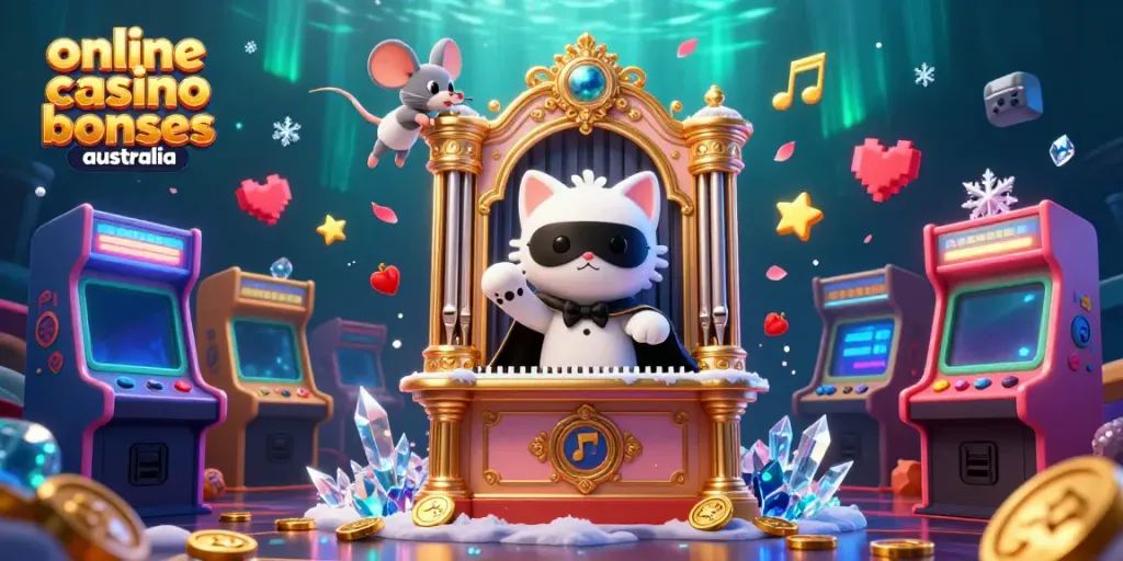 Experience online casino bonuses Australia with a captivating 3D scene of whimsical characters and game elements.