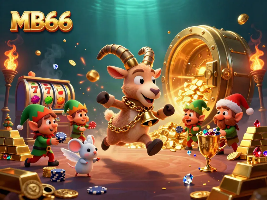 Experience the thrill of MB66 with a lively holiday-horror casino scene featuring enchanting characters and vibrant slots.