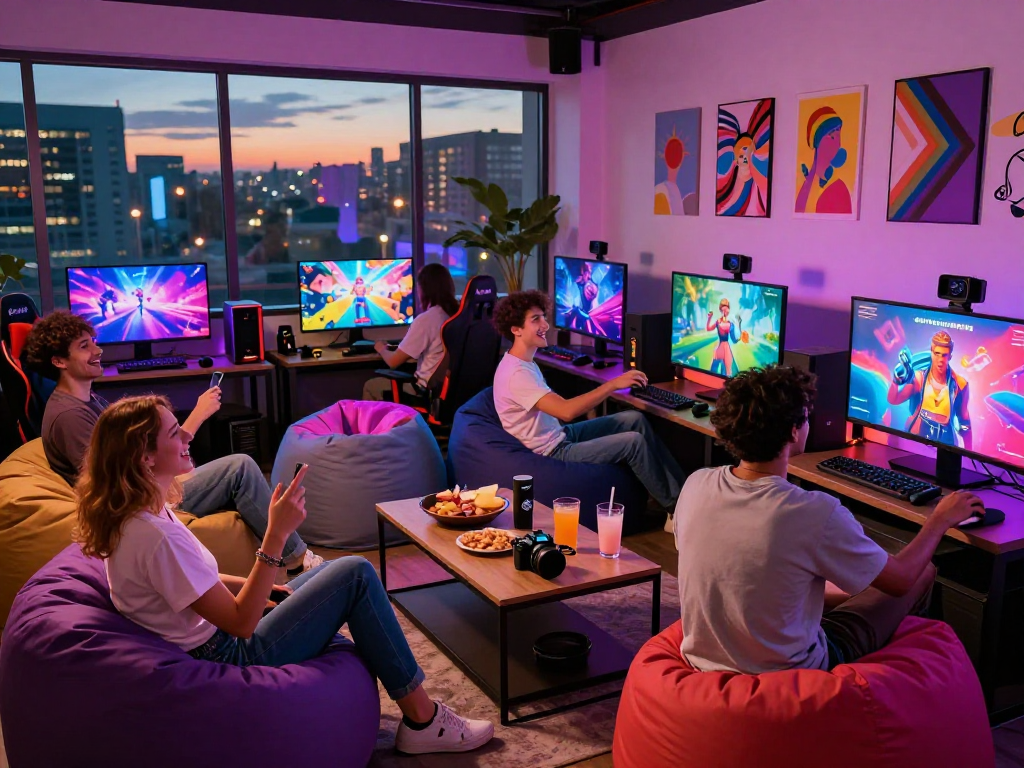 Group of friends enjoying a lively evening playing gay sex games in a neon-lit gaming lounge, snacks and drinks on the table.