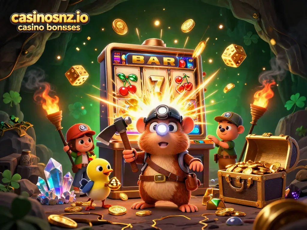 Engage with exciting casinosnz.io casino bonuses featuring vibrant illustrations of a treasure-hunting mole and casino elements.