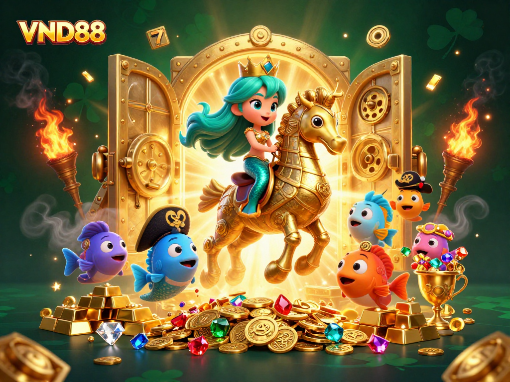 Experience the excitement at VND88 with vibrant 3D illustration of games and treasure.