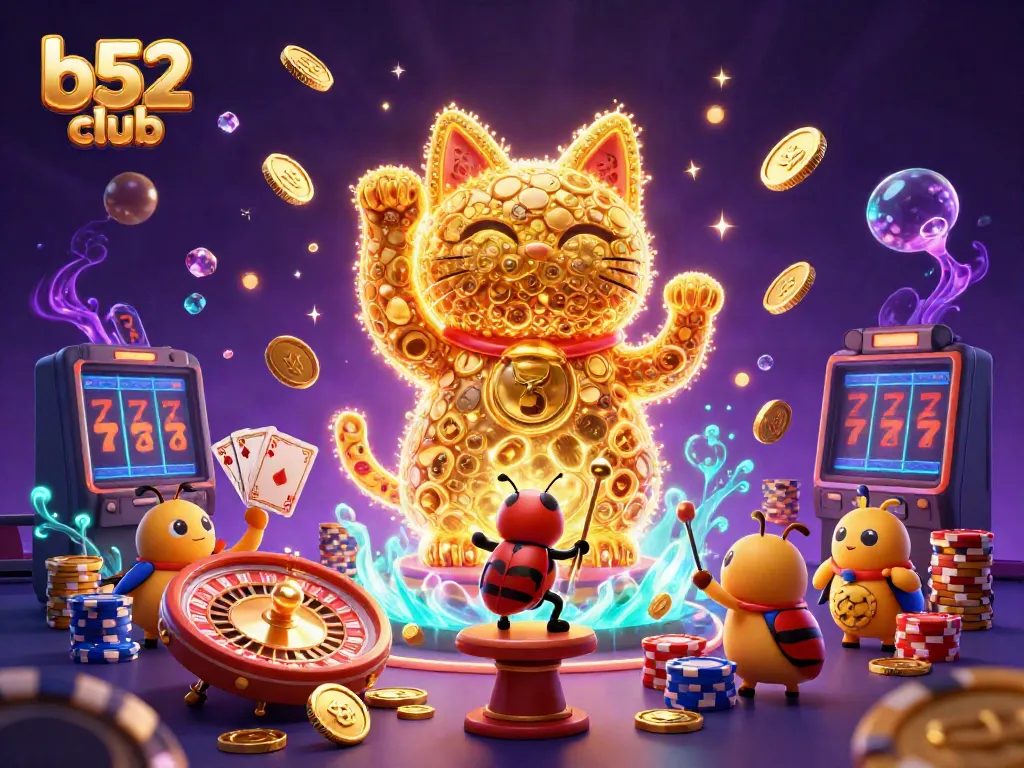 Engage in the excitement of B52 club games with vibrant casino symbols and dynamic illustrations.