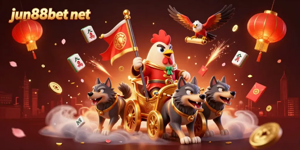 Engage with the dynamic world of jun88bet net featuring a golden war chariot and festive casino elements.