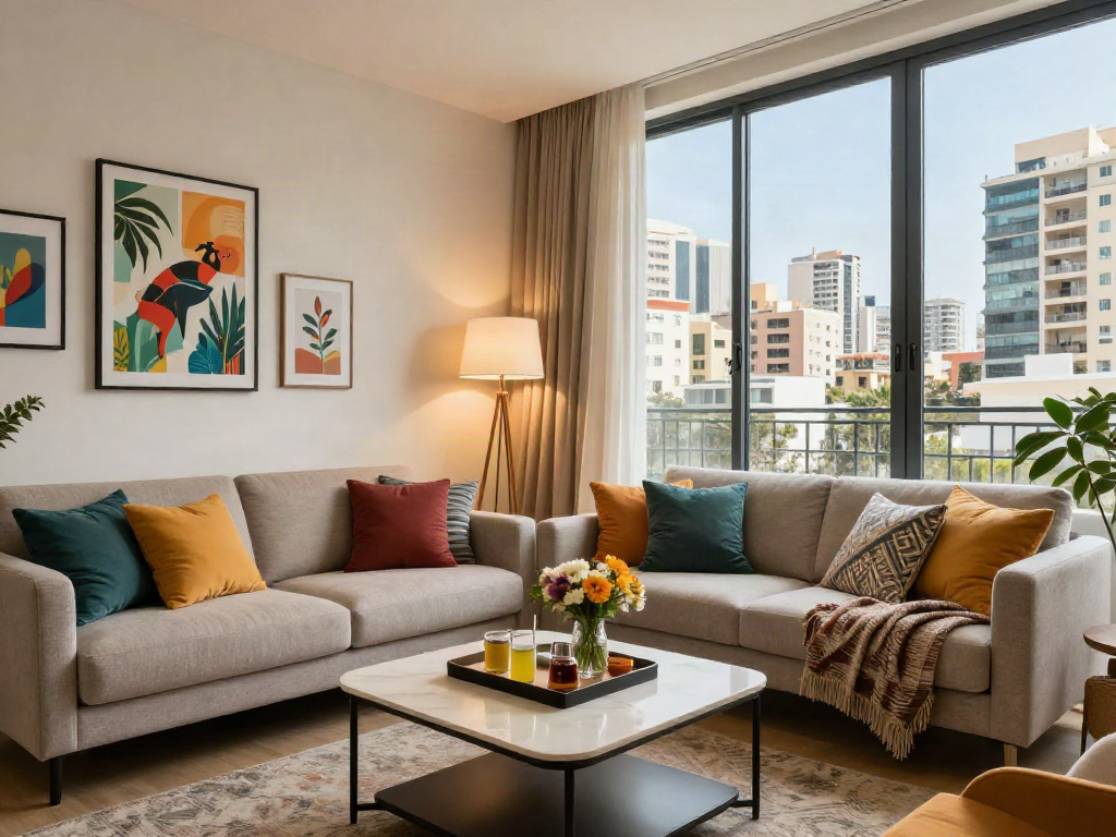 Stylish apartment interior showcasing דירות דיסקרטיות במרכז in Tel Aviv, warm lighting, modern decor.
