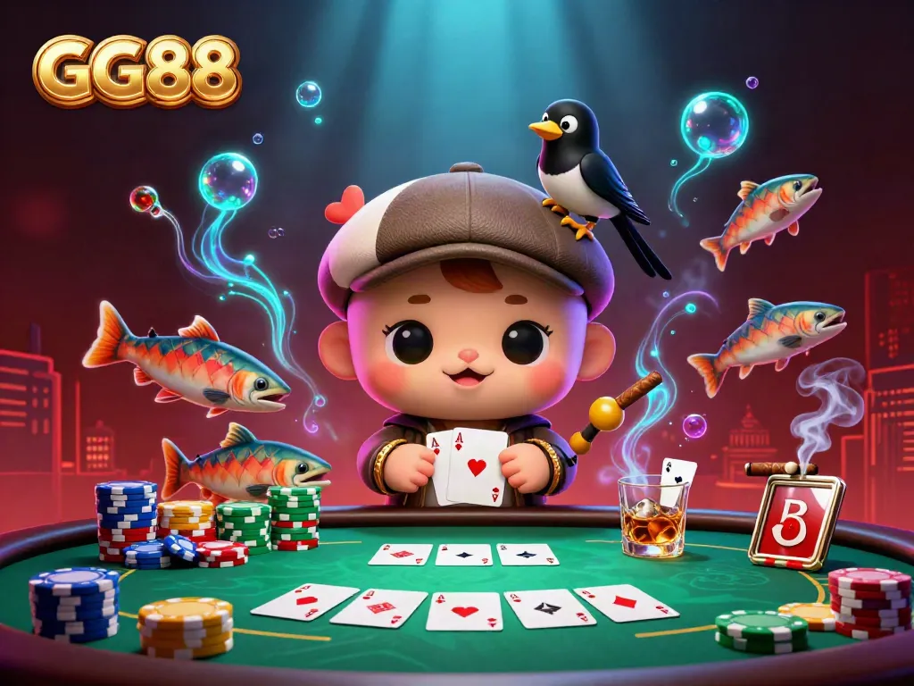 Join the fun with GG88 as baby Nessie plays poker surrounded by colorful chips and cards!