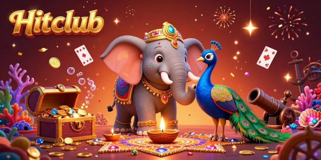 Experience the vibrant Hitclub gaming world with the Diwali-themed elephant amidst a dynamic casino treasure scene.