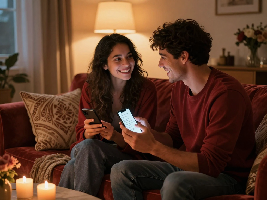 Couple enjoying ai dirty talk suggestions in a cozy home setting.