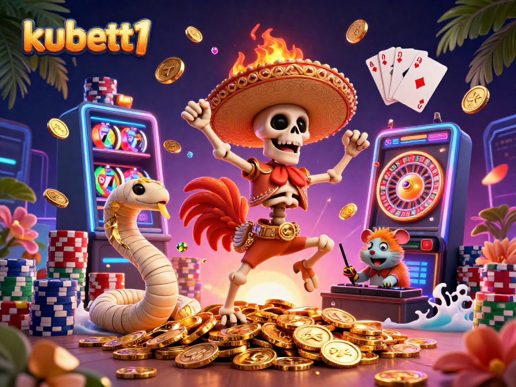 Experience thrilling slots action with kubett1's vibrant 3D casino illustration featuring dancing characters and lucky symbols.