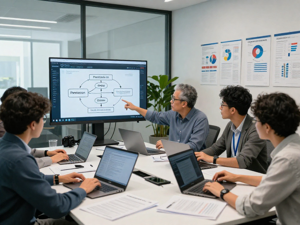 Professional team analyzing data for document fraud detection in a modern office, highlighting collaborative efforts and advanced technology.