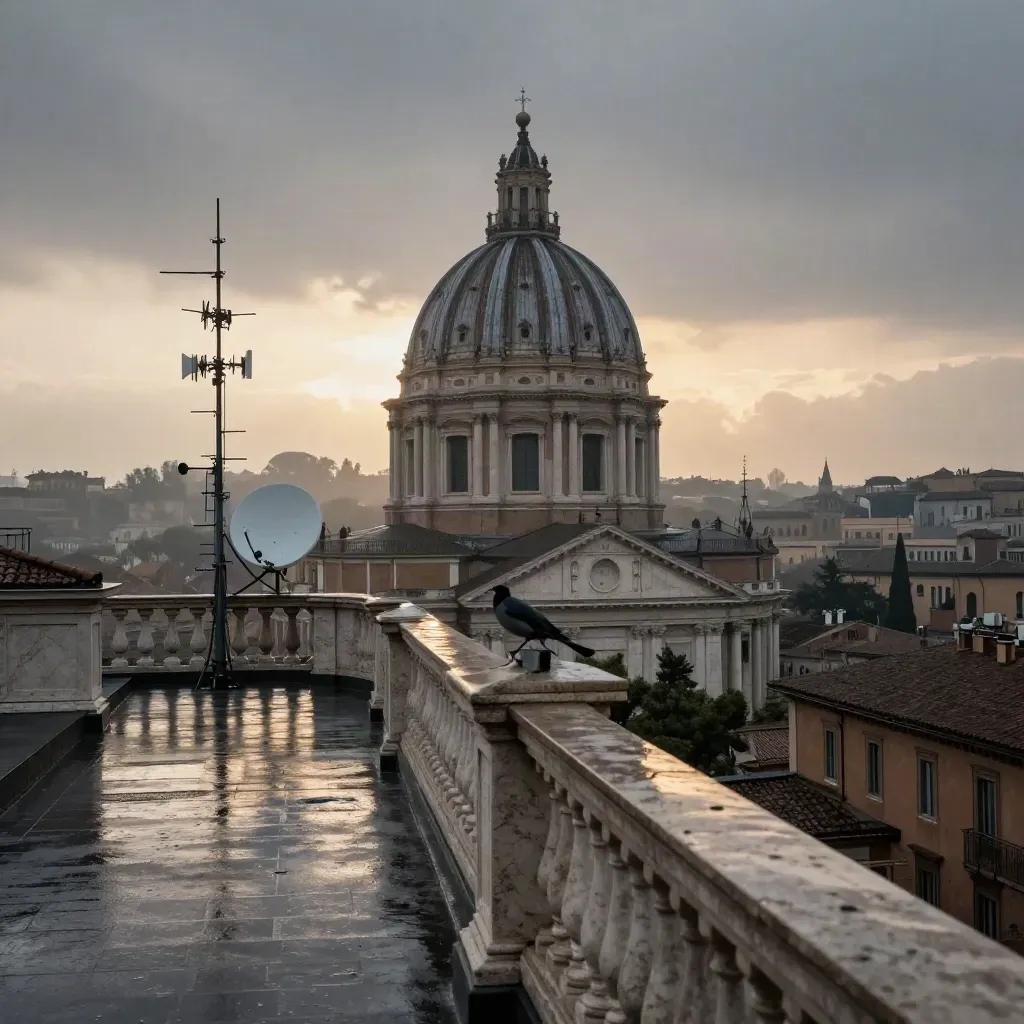 Cupola istituzionale di Roma all’alba su tetto bagnato, antenna e parabola tra pioggia e foschia.