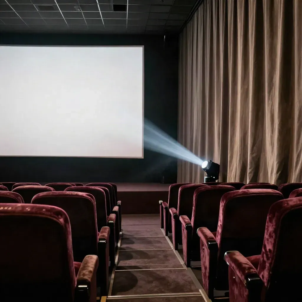 Sala d'essai vuota con fascio di proiezione, velluto scuro e polvere sospesa nel buio.