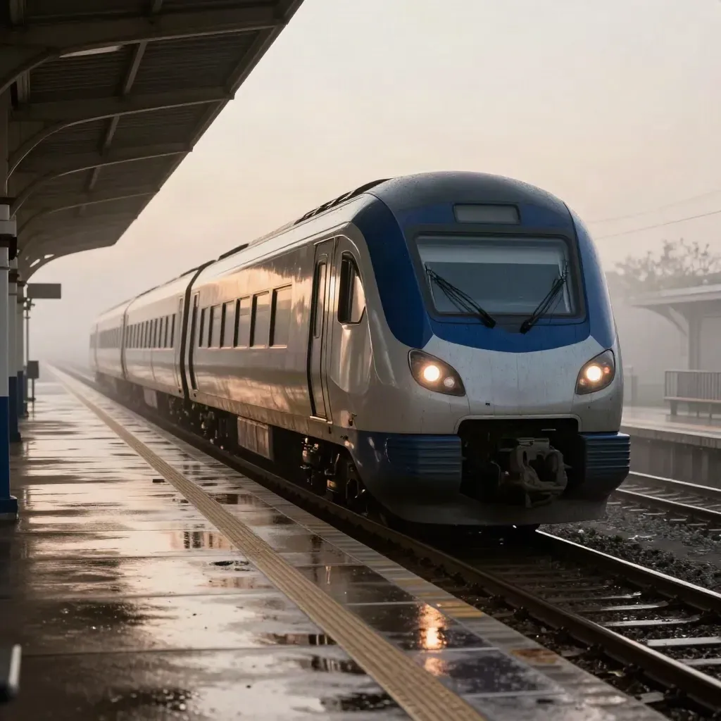 Treno regionale entra in banchina bagnata all’alba, con pioggia e nebbia leggera.