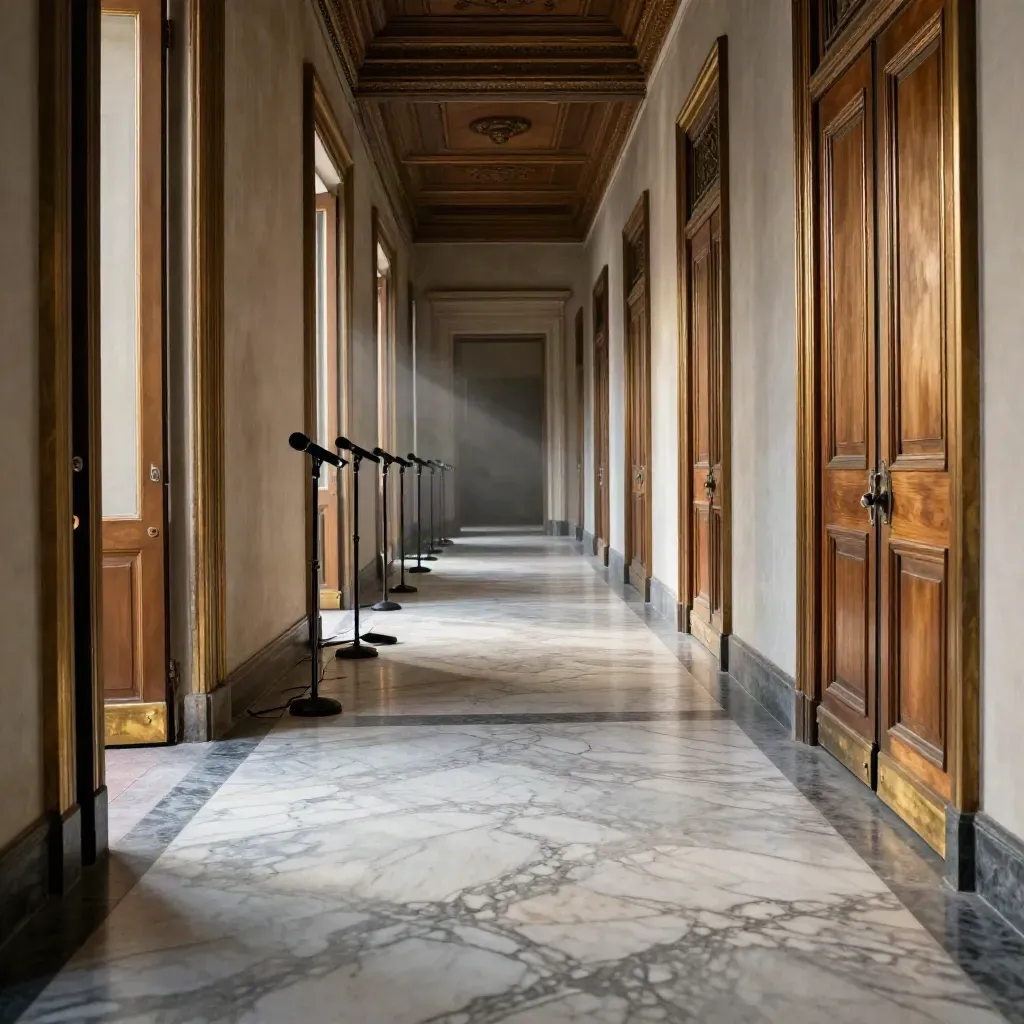 Corridoio di Palazzo Chigi con microfoni e luce fredda prima del punto stampa.