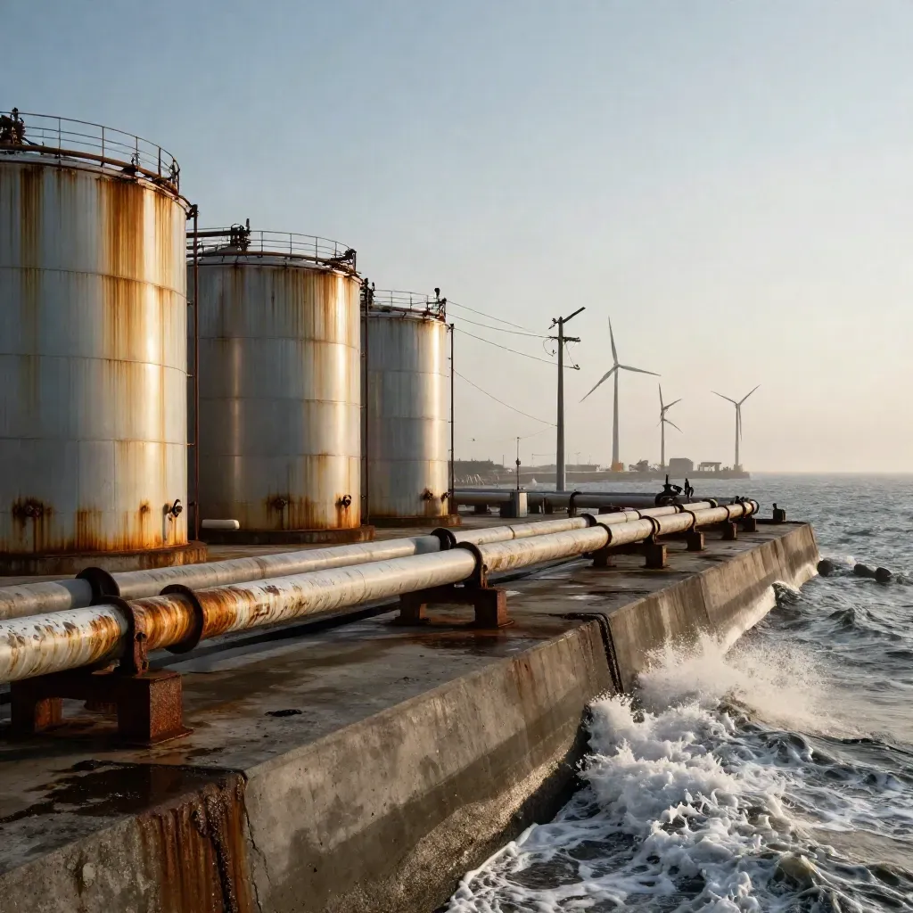 Terminal energetico sul mare con serbatoi, tubi e turbine nel vento e nella foschia.