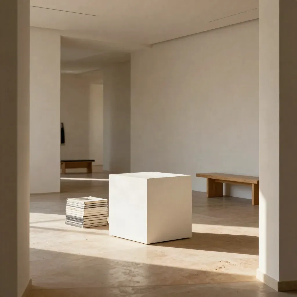 Galleria contemporanea vuota con piedistallo scultoreo, cataloghi impilati e luce naturale calda.