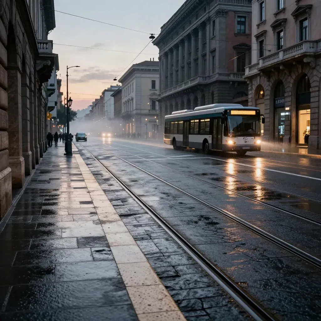 Incrocio romano all’ora blu con binari del tram, autobus in transito e strada bagnata dalla pioggia.