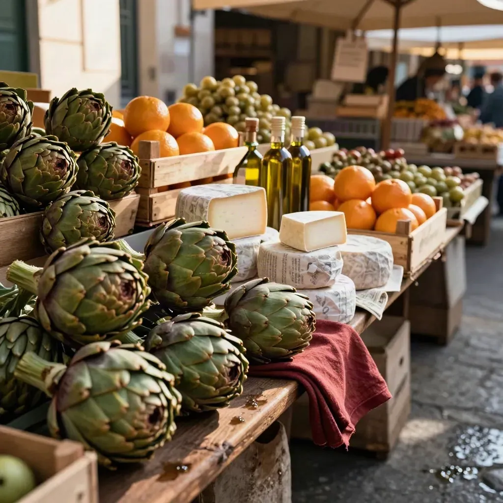 Banco di mercato con carciofi, agrumi, formaggi e olio al mattino, luce calda e atmosfera fresca.