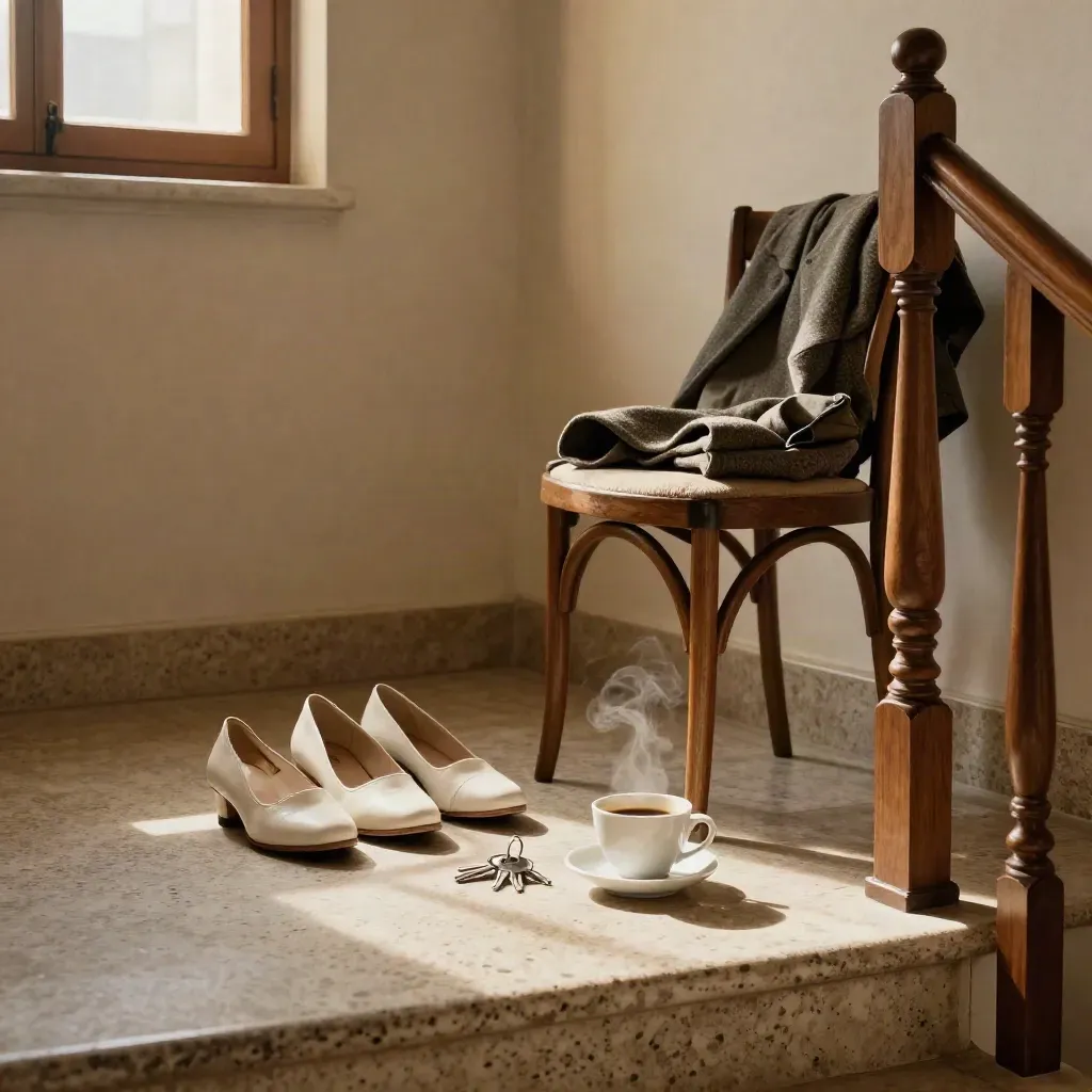 Pianerottolo romano del mattino con scarpe, chiavi, caffè e giacca su sedia.