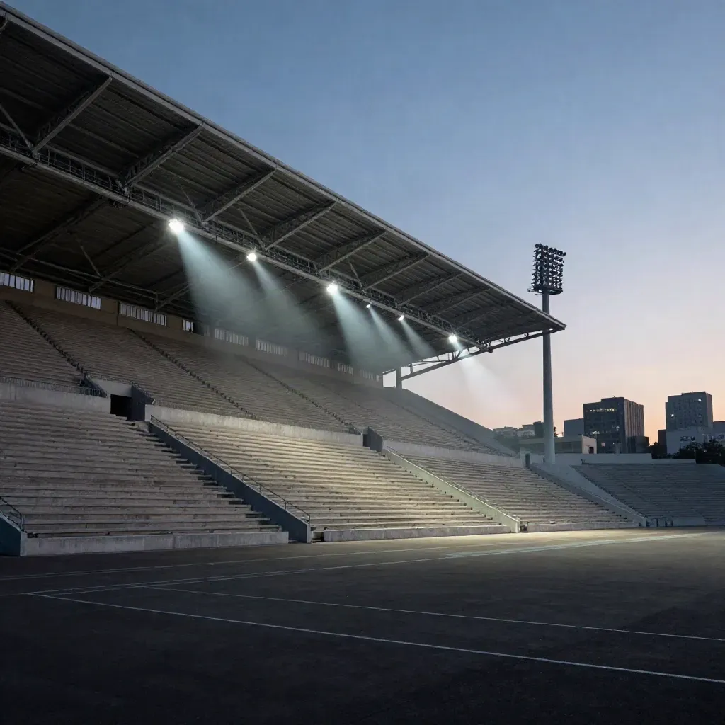 Stadio cittadino vuoto al tramonto, fari che si accendono e cielo blu sopra le gradinate.