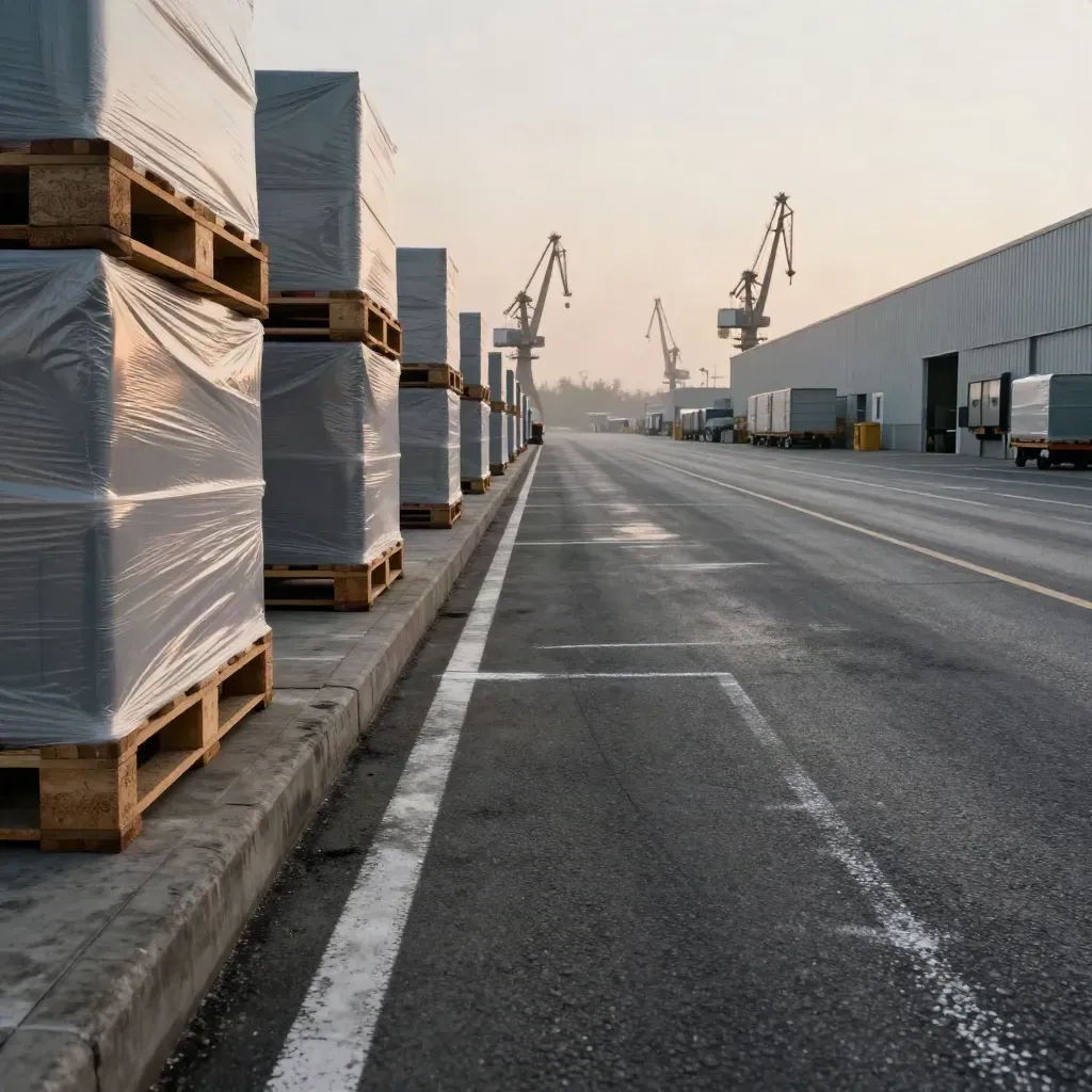 Piazzale logistico del Nord con pallet avvolti, capannone e gru sotto cielo coperto
