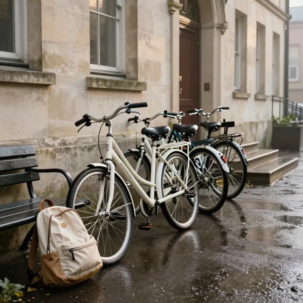 Ingresso di scuola dopo la pioggia, bici bianche e zaini vicino al muro.