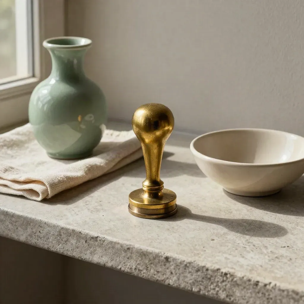 Timbro in ottone, vaso verde, telo piegato e ciotola in ceramica su pietra.