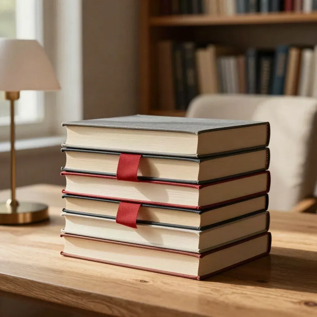 Pila di nuovi libri in una libreria indipendente, con lampada e sedia in lino sullo sfondo sfocato.