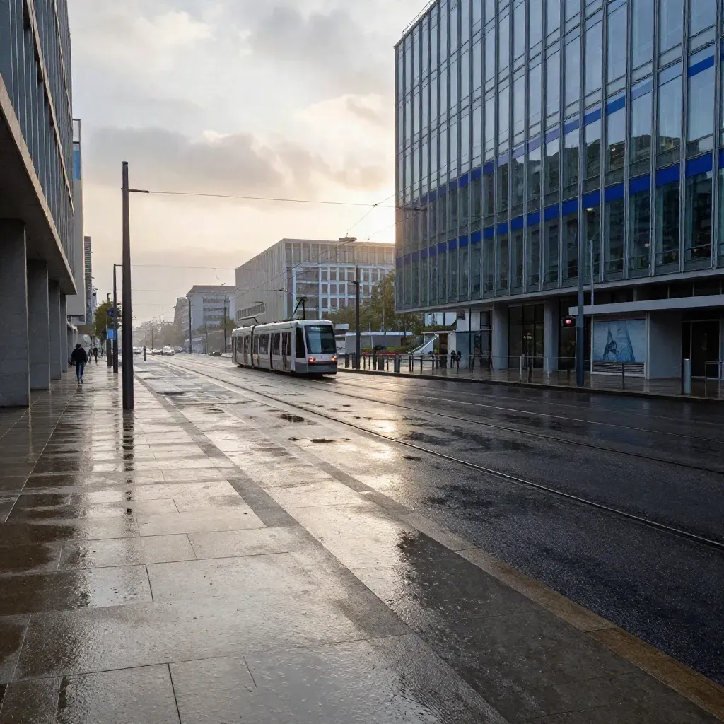 Quartiere europeo di Bruxelles bagnato dalla pioggia, binari del tram e facciate vetrate