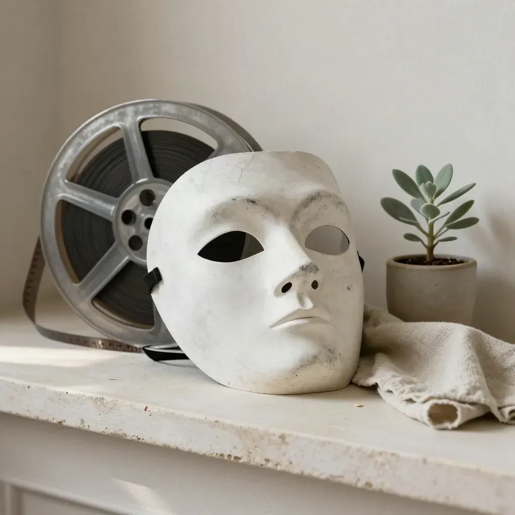Maschera teatrale con pellicola, lino e piantina su fondo chiaro