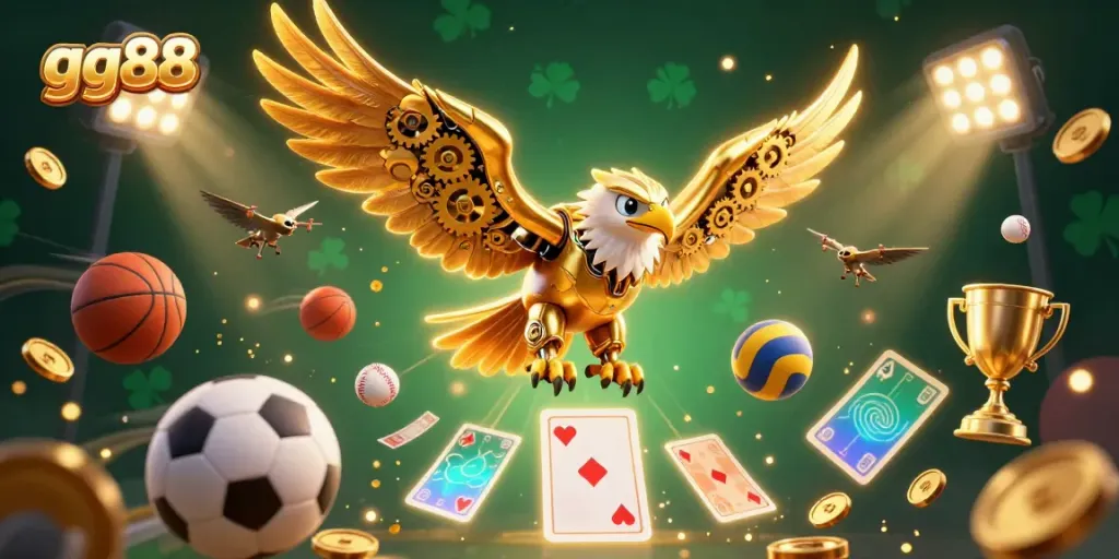 Experience excitement with gg88 as a cybernetic eagle dives through cards, symbolizing online betting.