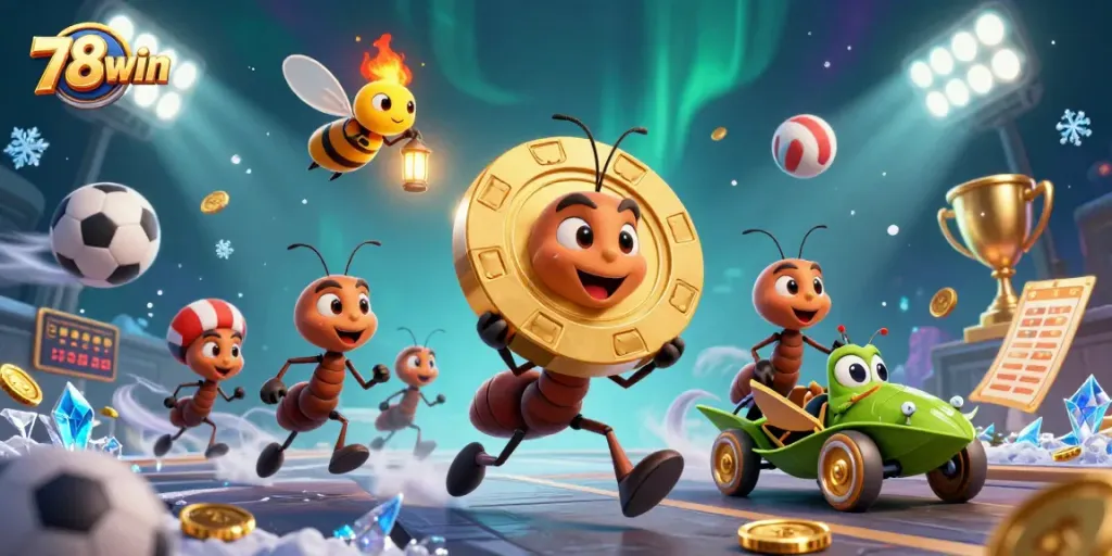 Navigate the dynamic world of 78win with ants carrying a giant poker chip amidst thrilling sports action.
