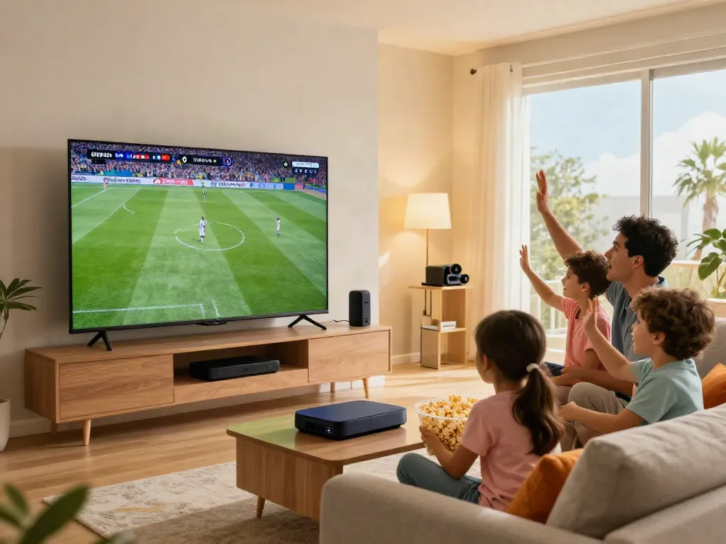 Family enjoying IPTV Italia with a smart TV in a cozy living room.