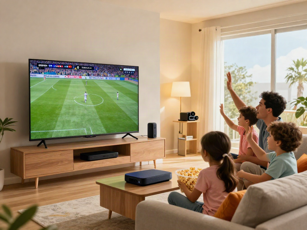 Family enjoying IPTV Italia with a smart TV in a cozy living room.