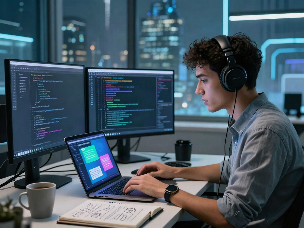 Engaging in AI nsfw chat within a modern tech workspace, showcasing interaction with digital interfaces.