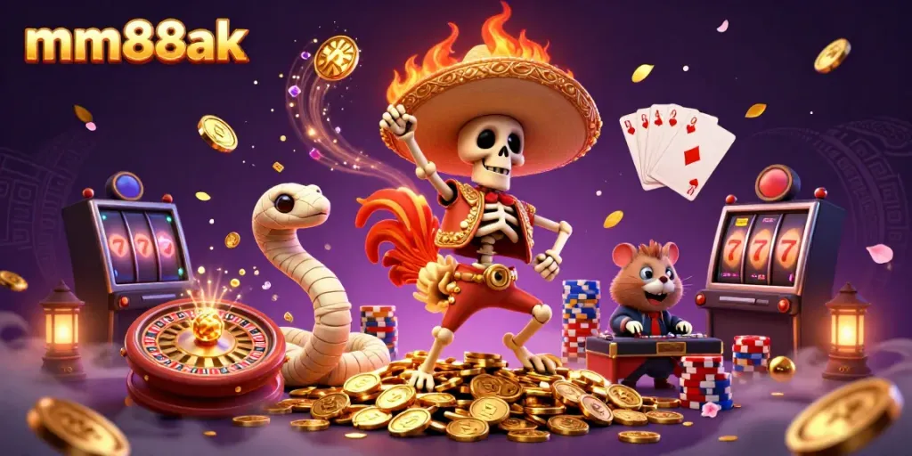 Engage in exciting wins with mm88ak at this vibrant 3D casino scene filled with characters and magical elements.