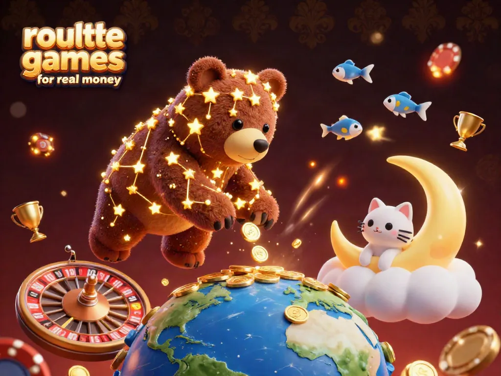 Engage in exciting roulette games for real money, symbolized by a celestial bear and dynamic roulette wheel.