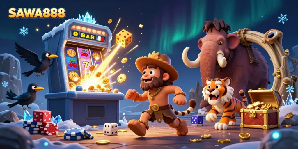 SAWA888 offers an immersive prehistoric casino experience with vibrant 3D characters and elements.