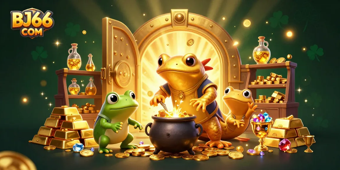 Engage with BJ66 COM in this colorful 3D illustration showcasing gold coins and a magical alchemist's laboratory.