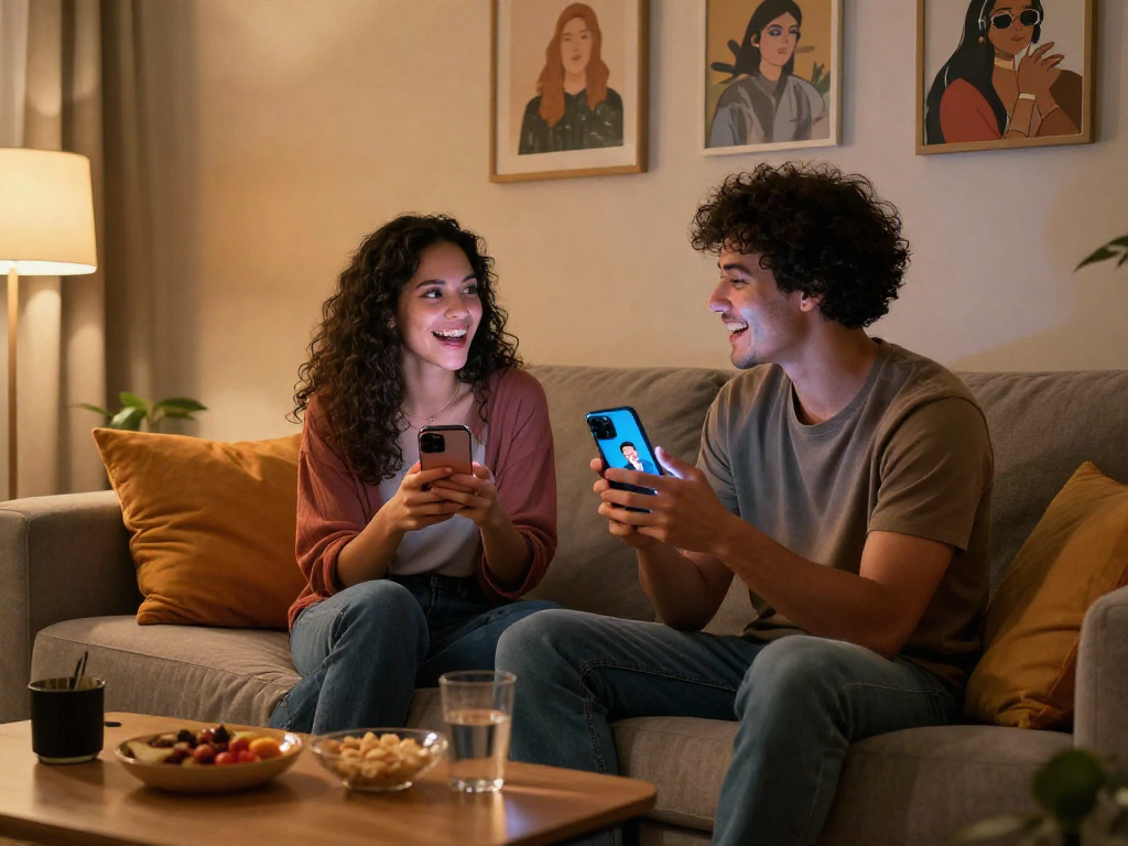 Engaging conversation with AI sex chat avatars in a cozy room setting, showcasing personalized interaction and connection.