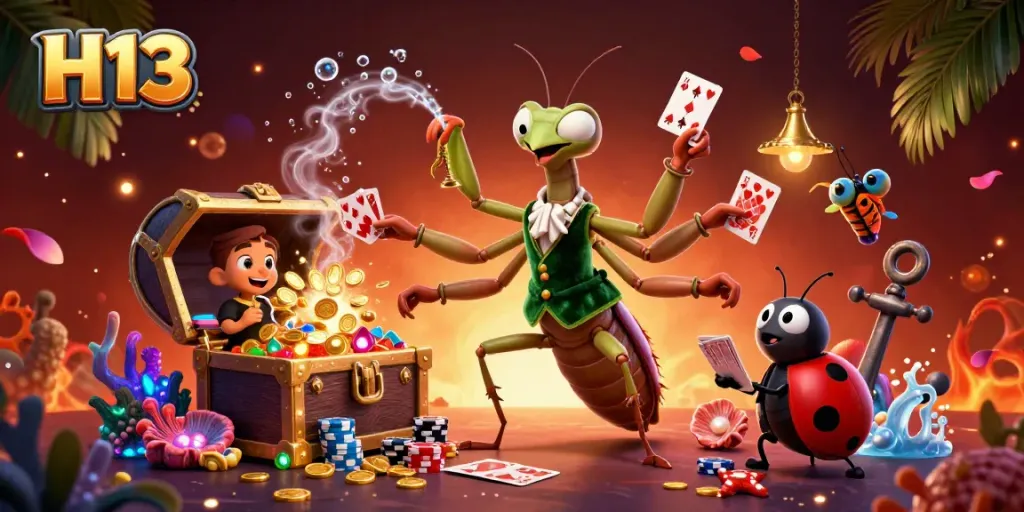 Join the thrilling action at H 13, showcasing a giant praying mantis card sharp and dynamic gaming elements.