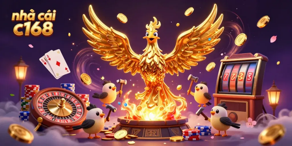 Experience the magic of nhà cái c168 with golden phoenix and casino elements in a vibrant scene.