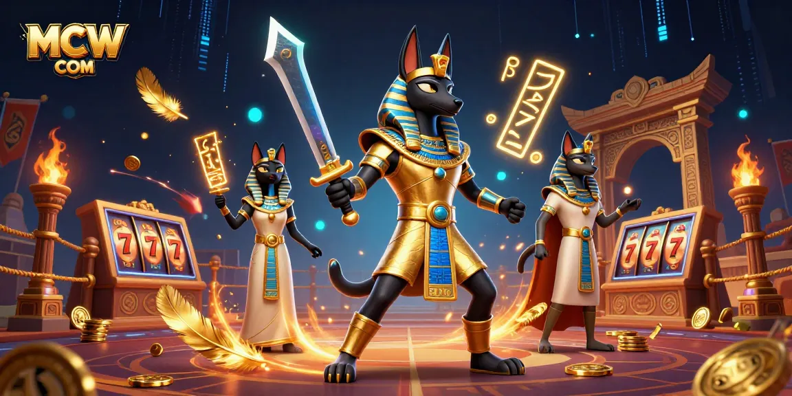 Engage in thrilling gameplay with MCW COM, featuring Anubis and Bastet in a vibrant casino scene.