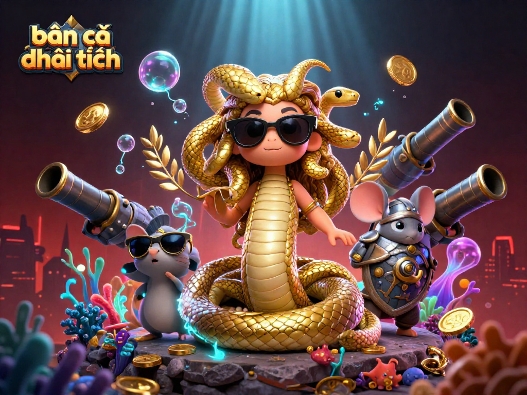 Engage in bắn cá đổi thưởng with cute Medusa and a warrior mouse amid underwater excitement and golden treasures.