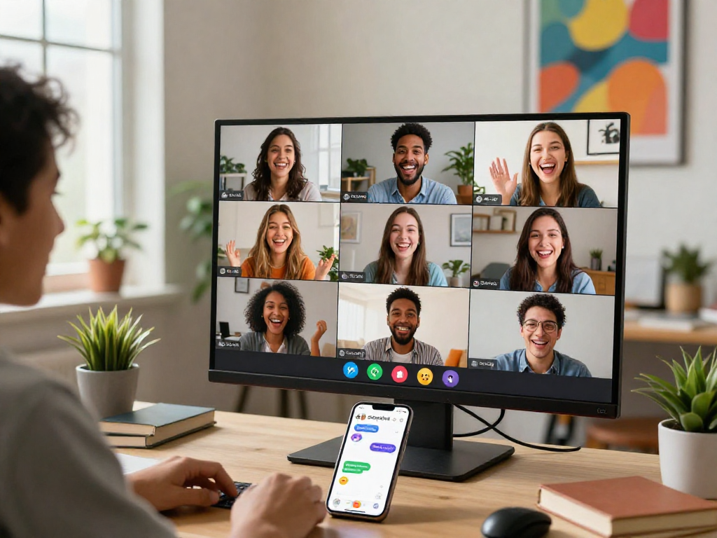 Engaging video call scene featuring spicychat with friends enjoying lively conversation in cozy home office settings.